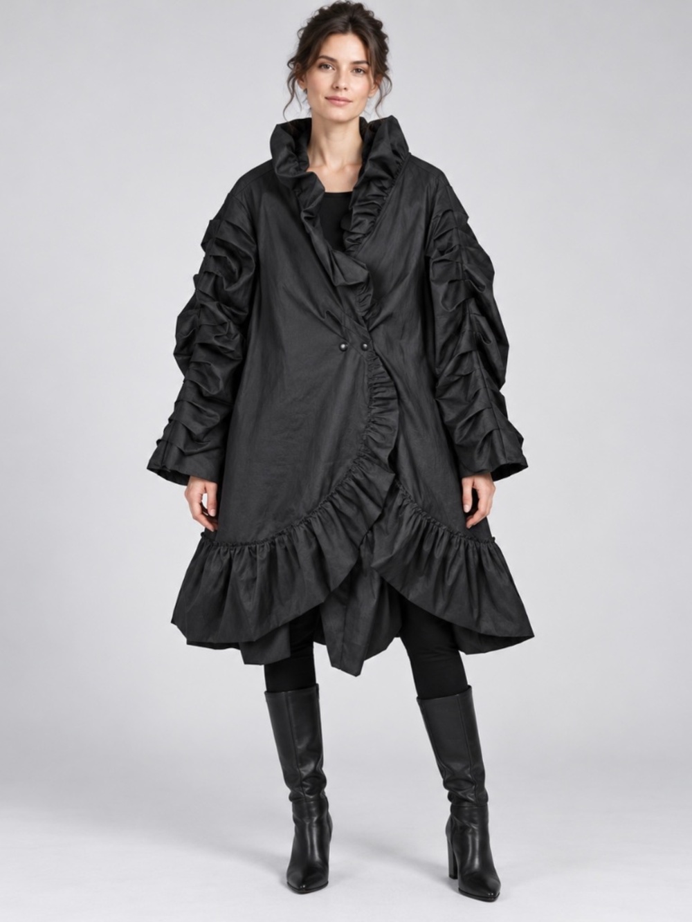 Samuel Dong Black Ruffle Hem Long Coat Ruched Pleated Sleeves